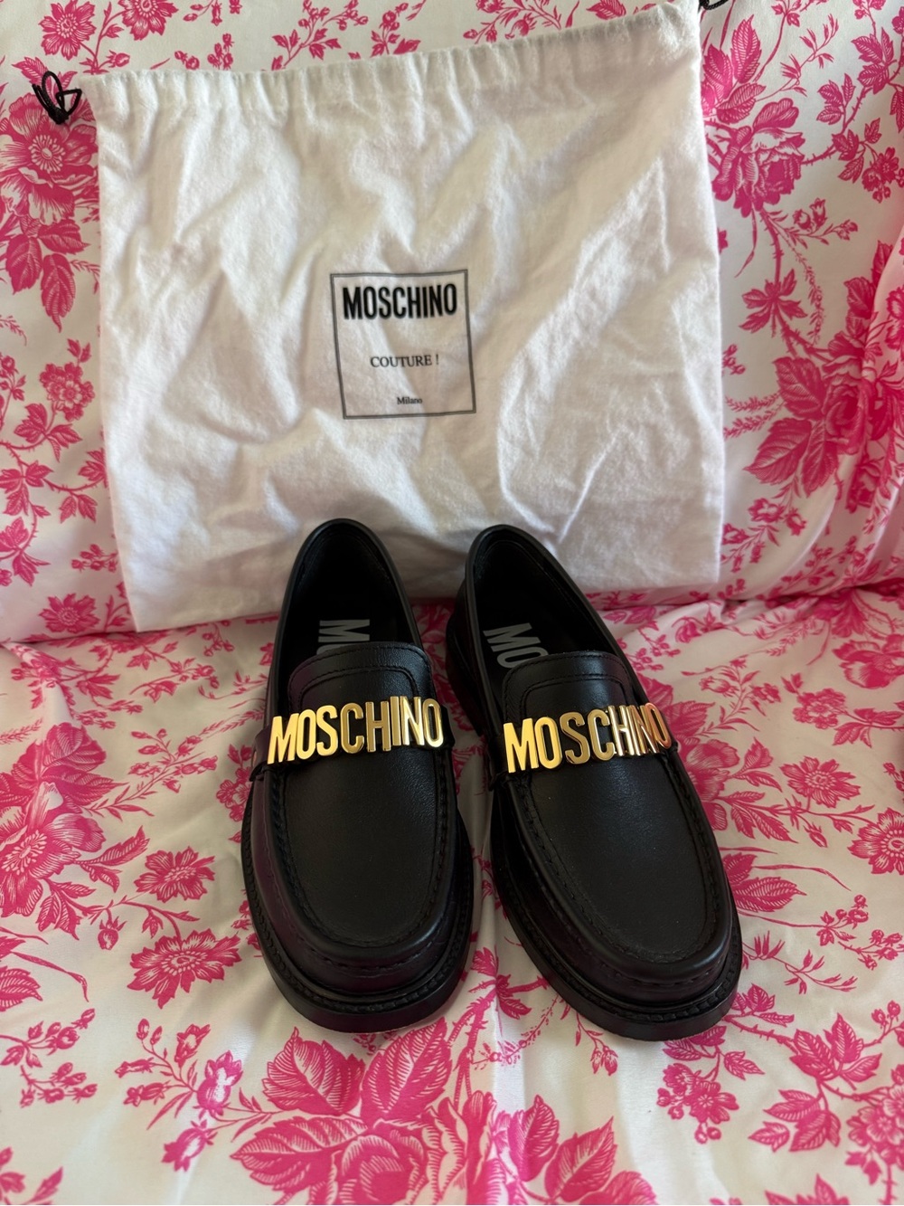 Moschino Black Leather Loafers with Gold MOSCHINO Plaque